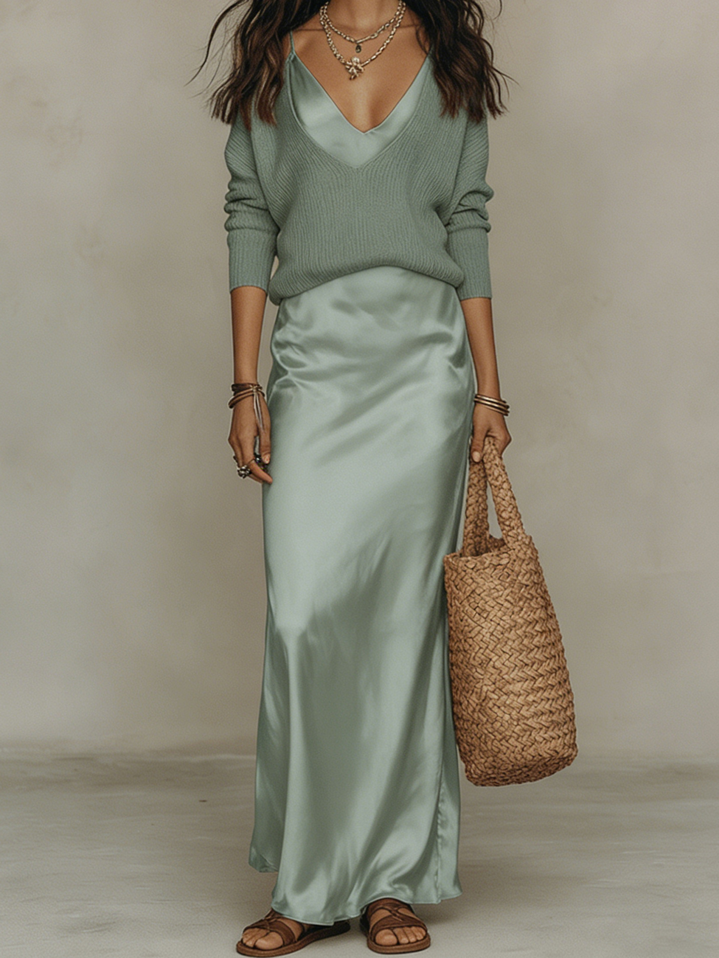 Women V Neck Loose Knit Pullover Satin Spaghetti Strap Midi Dress Layered 2 Piece Outfit Set