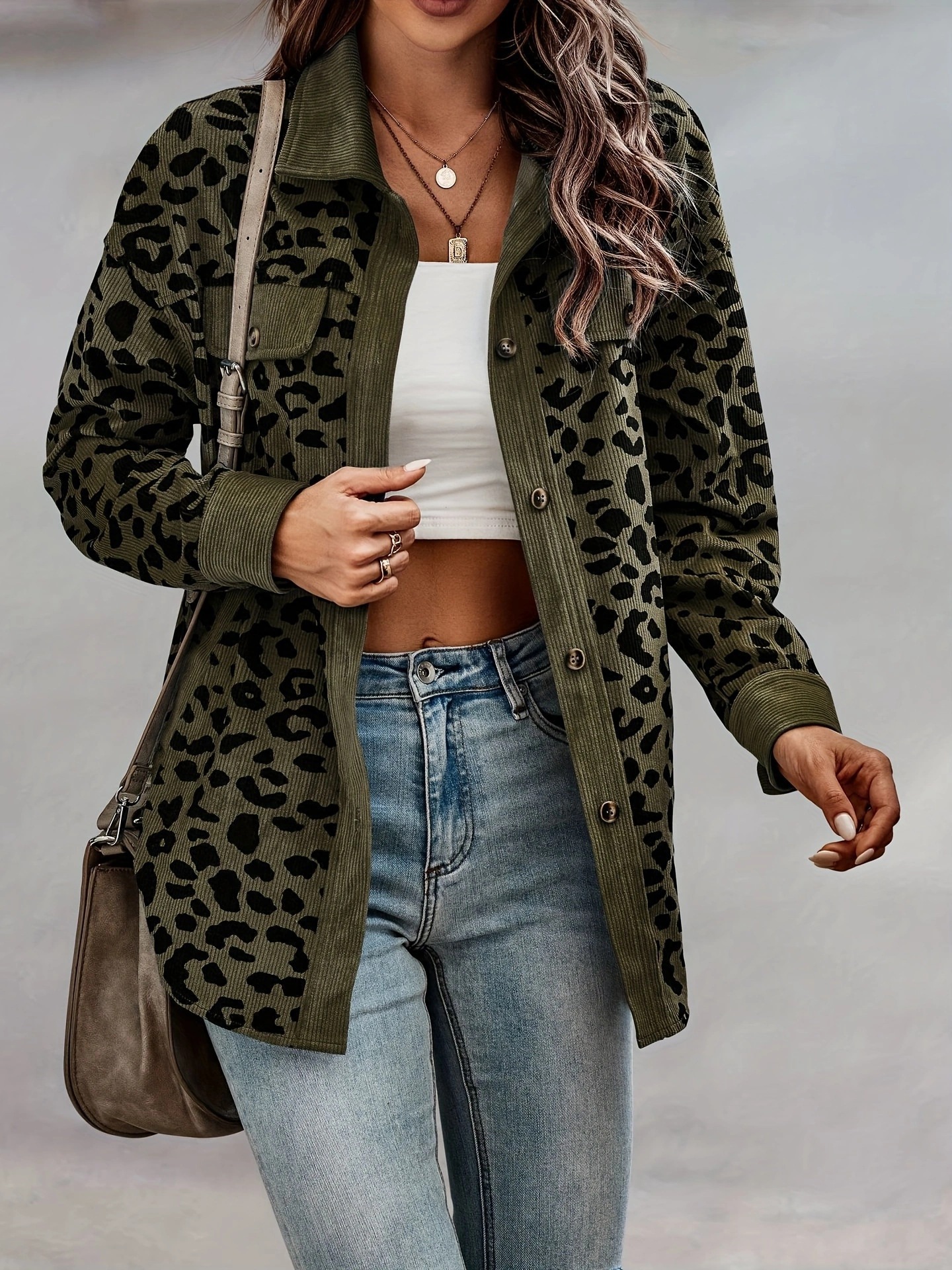Contrast Rib Collar Leopard Print Corduroy Long Sleeve Shirt Jacket
