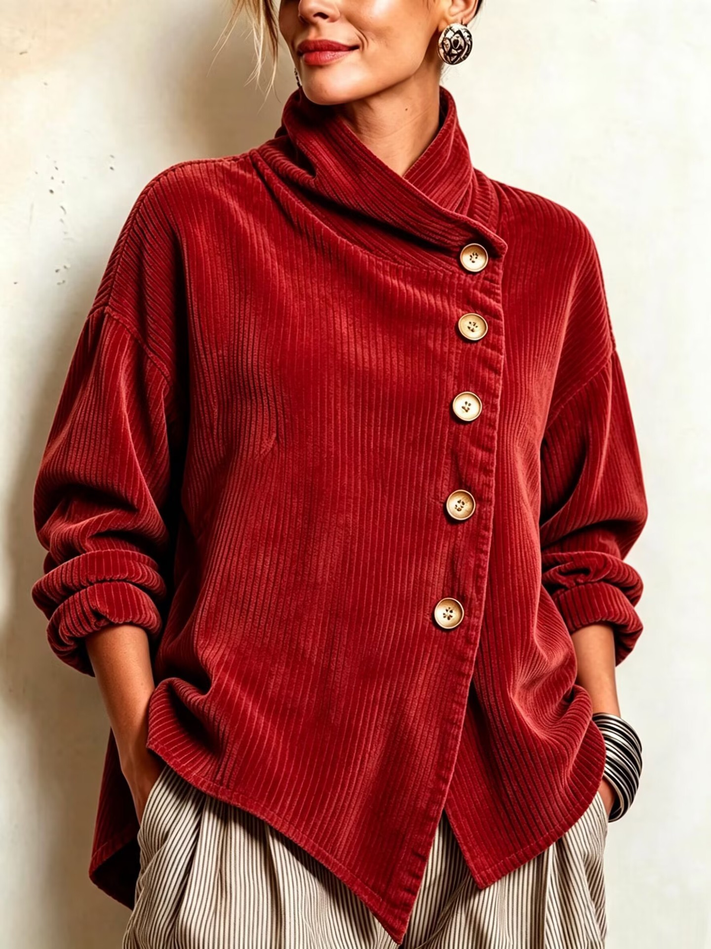 Autumn 2026 New Arrival – Women's Asymmetrical Loose-Fit Dropped-Shoulder Jacket with Diagonal Button Closure