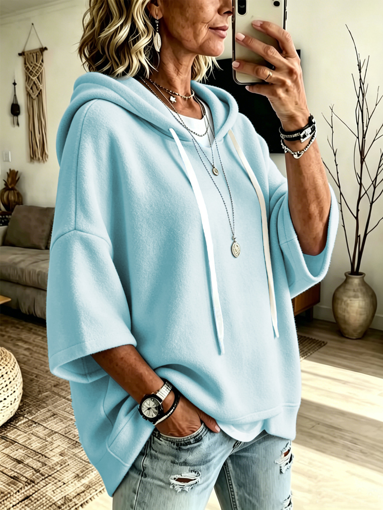 Women’s Casual Relaxed-Fit 3/4 Sleeve Hooded Pullover Top