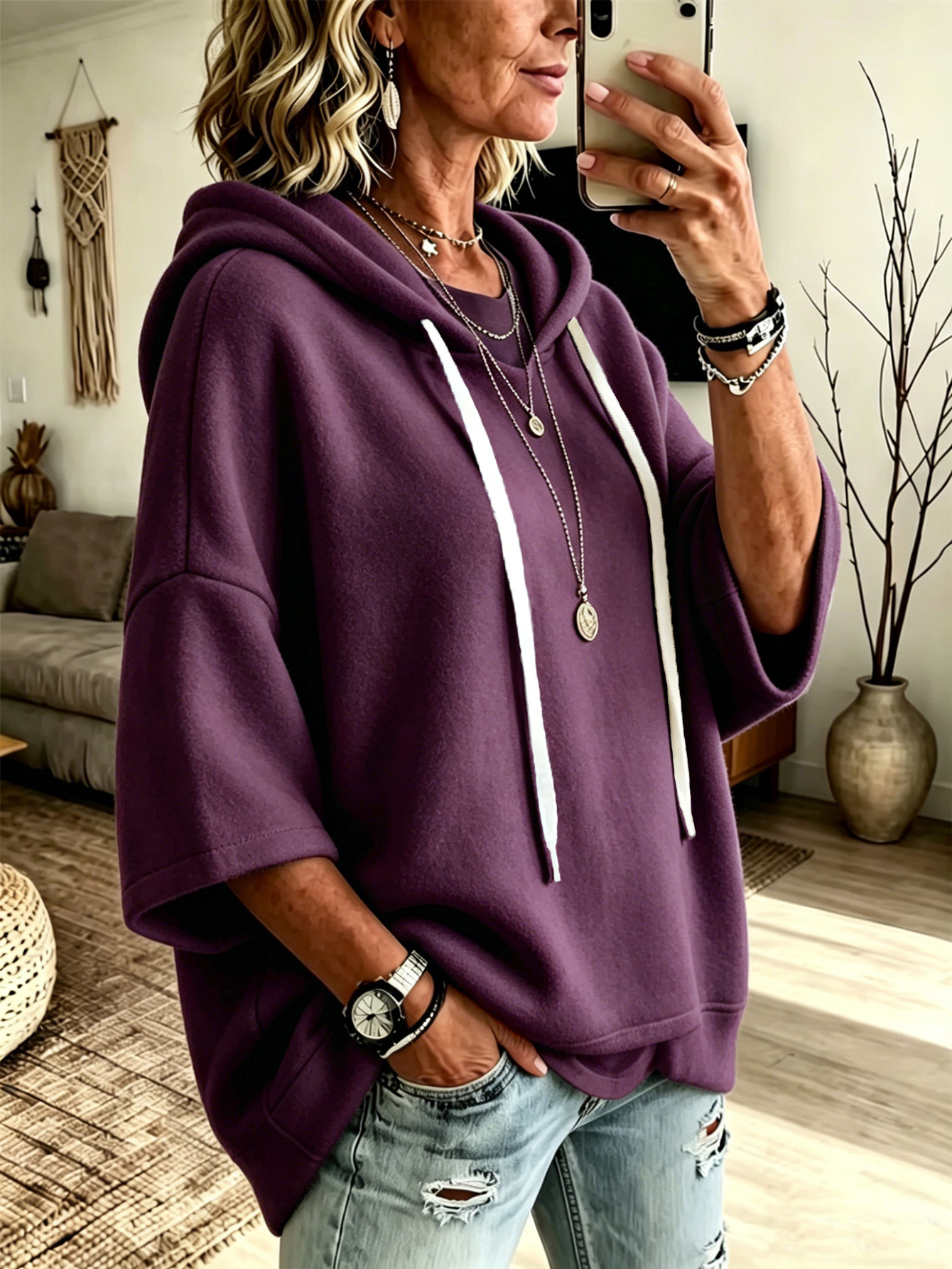 Women’s Casual Relaxed-Fit 3/4 Sleeve Hooded Pullover Top