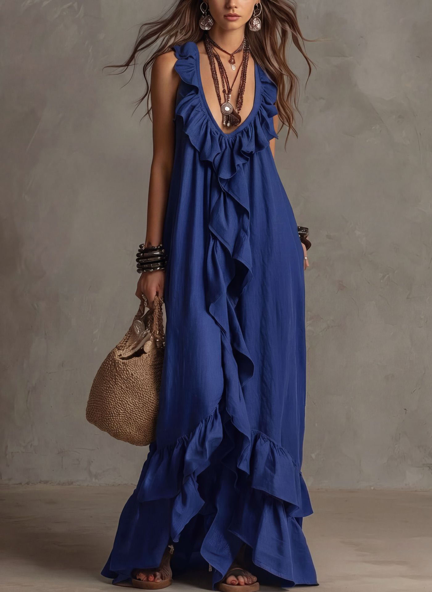 Sexy Deep V Neck Ruffle Loose Long Dresses Woman Spring Casual Solid Party Maxi Dress New Summer Sleeveless Vacation Beach Dress