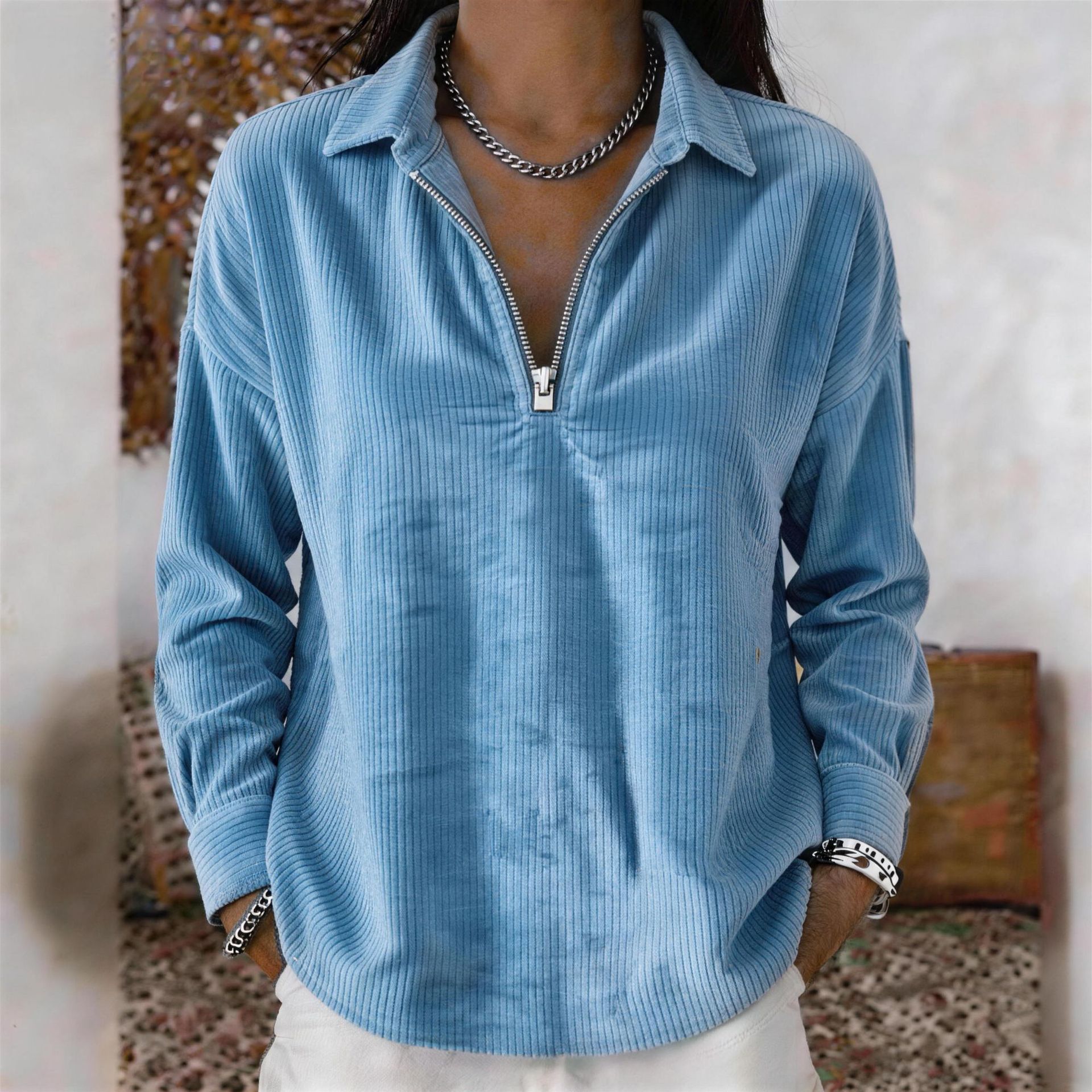 Women Collared Half Zip Corduroy Long Sleeve Shirt With Side Pockets