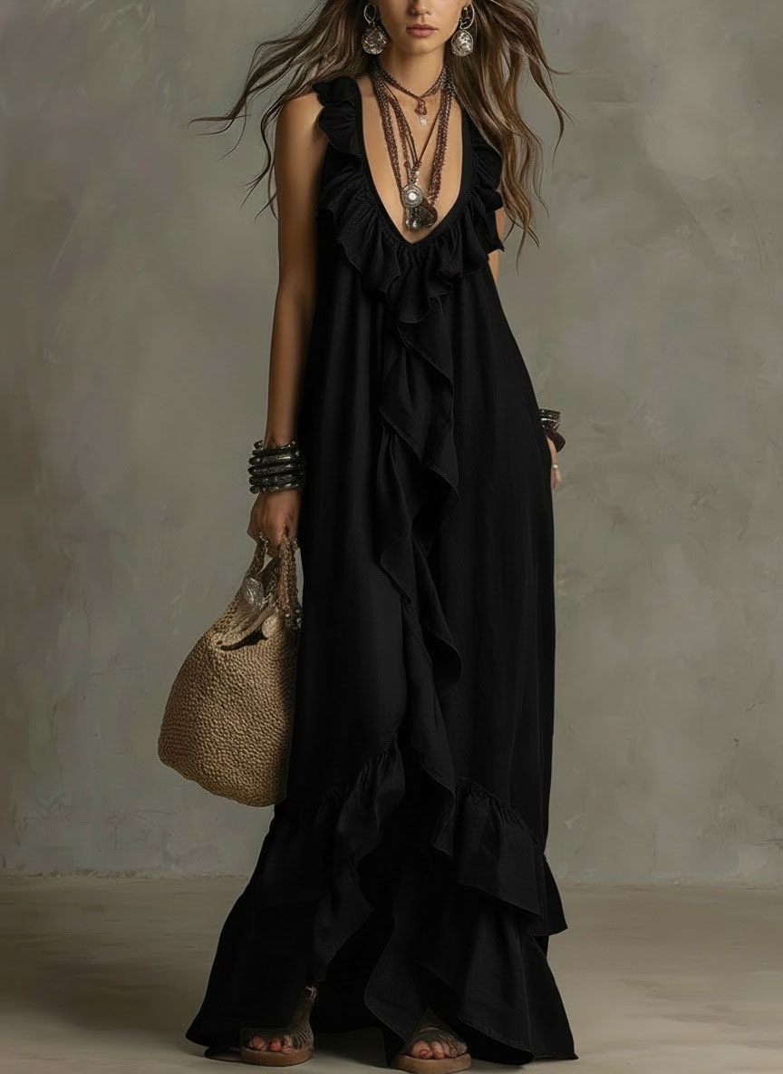 Sexy Deep V Neck Ruffle Loose Long Dresses Woman Spring Casual Solid Party Maxi Dress New Summer Sleeveless Vacation Beach Dress