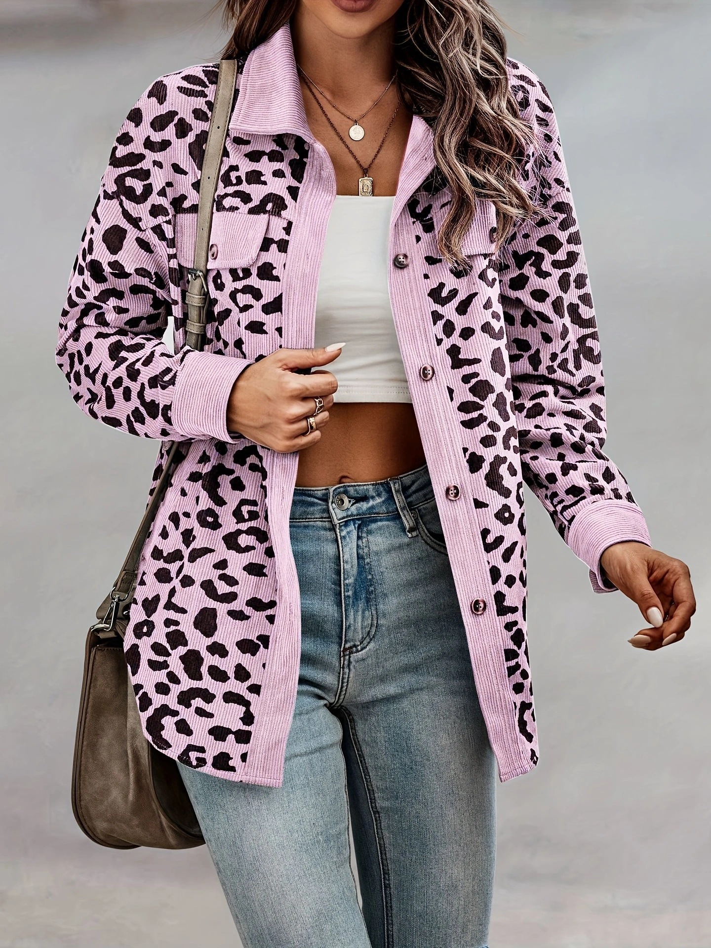 Contrast Rib Collar Leopard Print Corduroy Long Sleeve Shirt Jacket