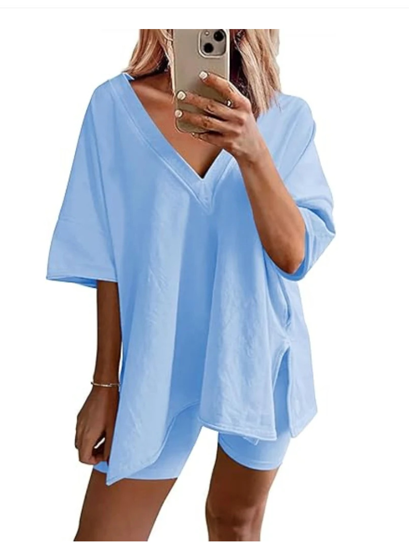 Casual Loose V-Neck Tee & Slit Shorts Slightly Stretchy Inclusive 2-Piece Set 9 Colors