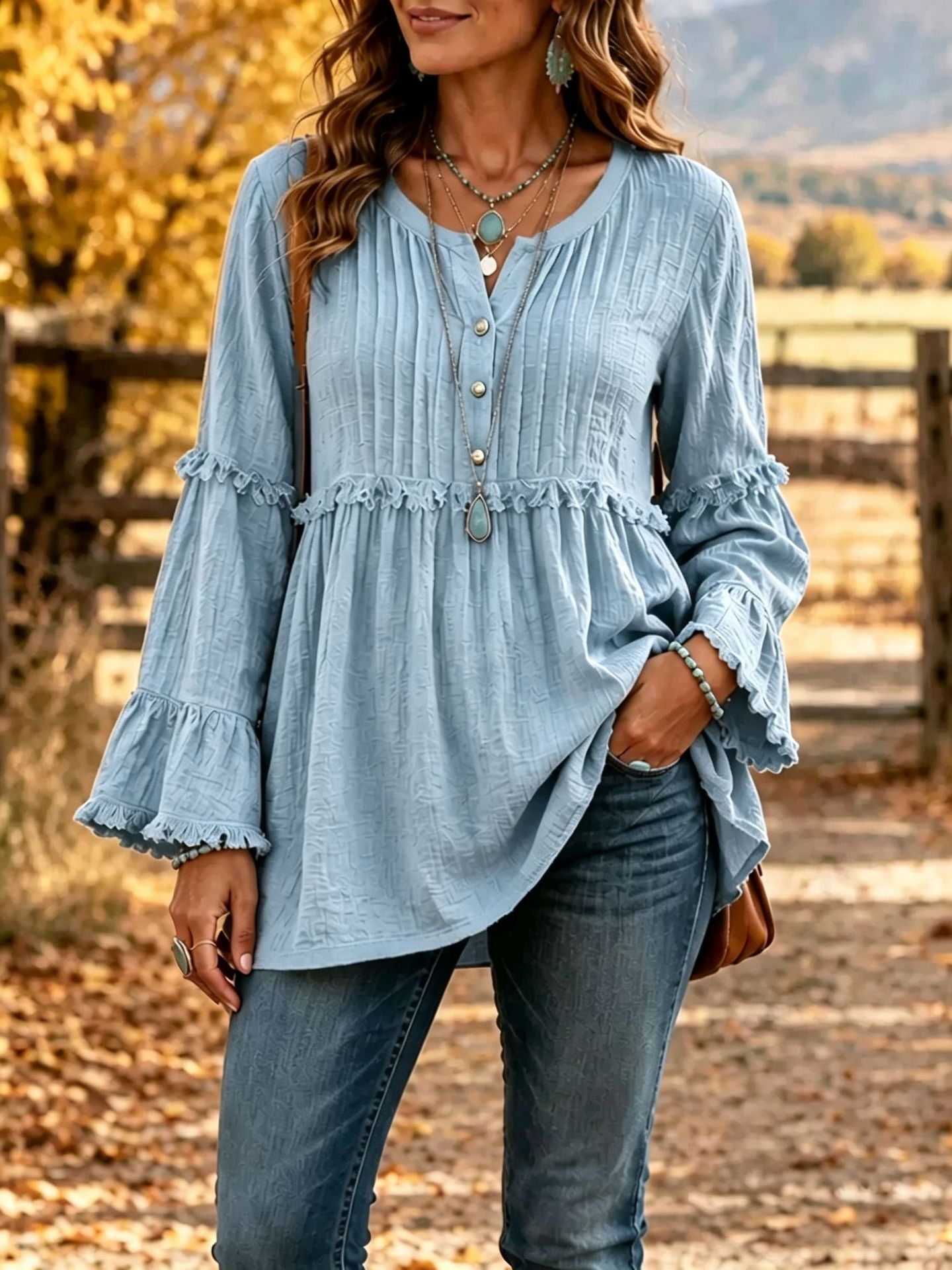 Women’s Boho Textured Ruffle Bell-Sleeve Henley Tunic Top