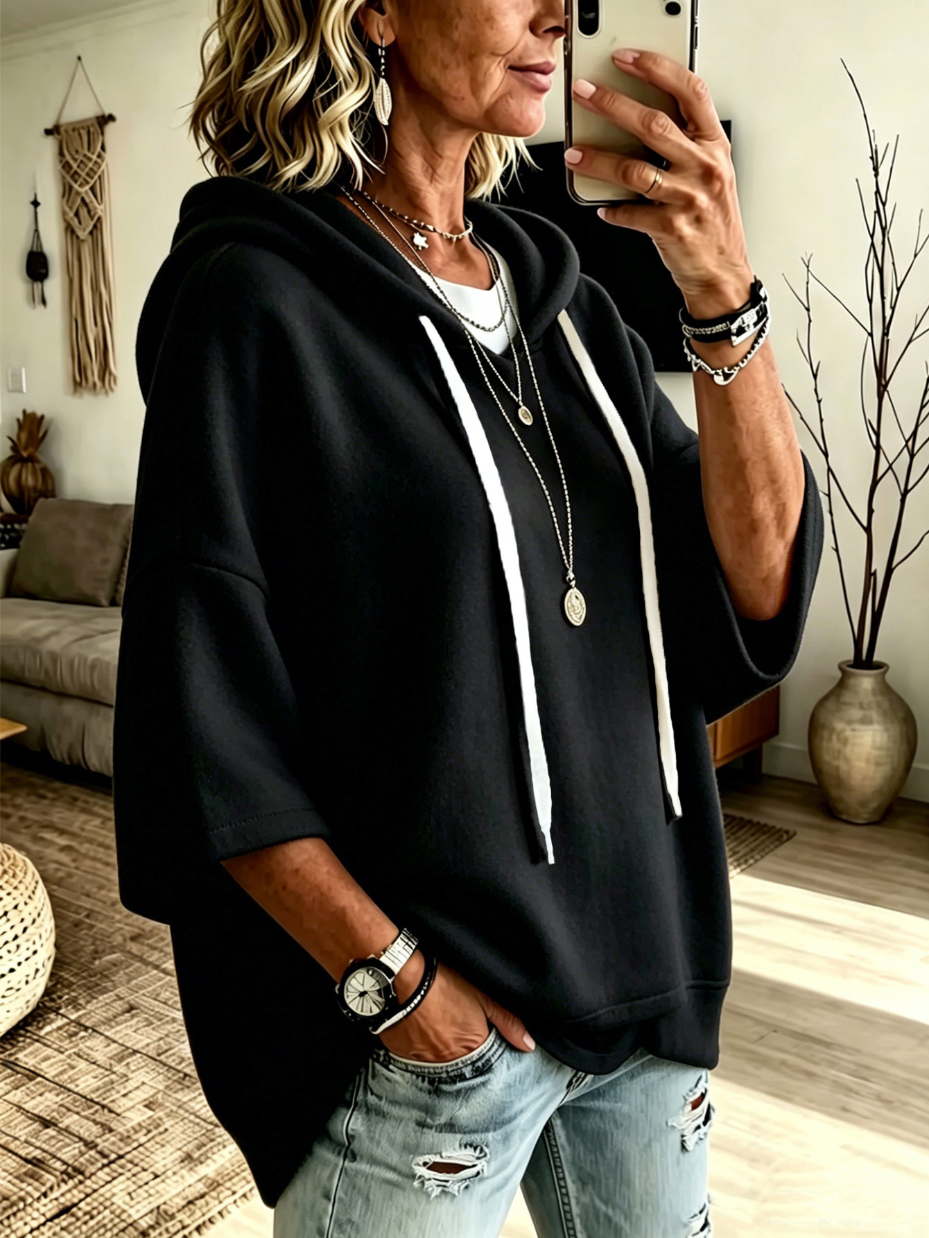 Women’s Casual Relaxed-Fit 3/4 Sleeve Hooded Pullover Top