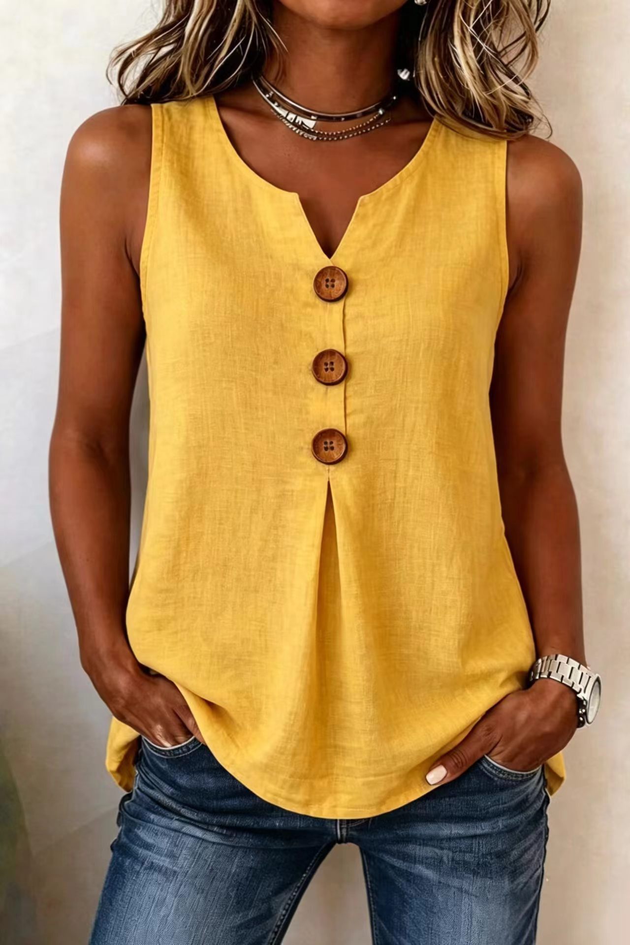 🏆Three-Button Sleeveless Solid Color Tank Top