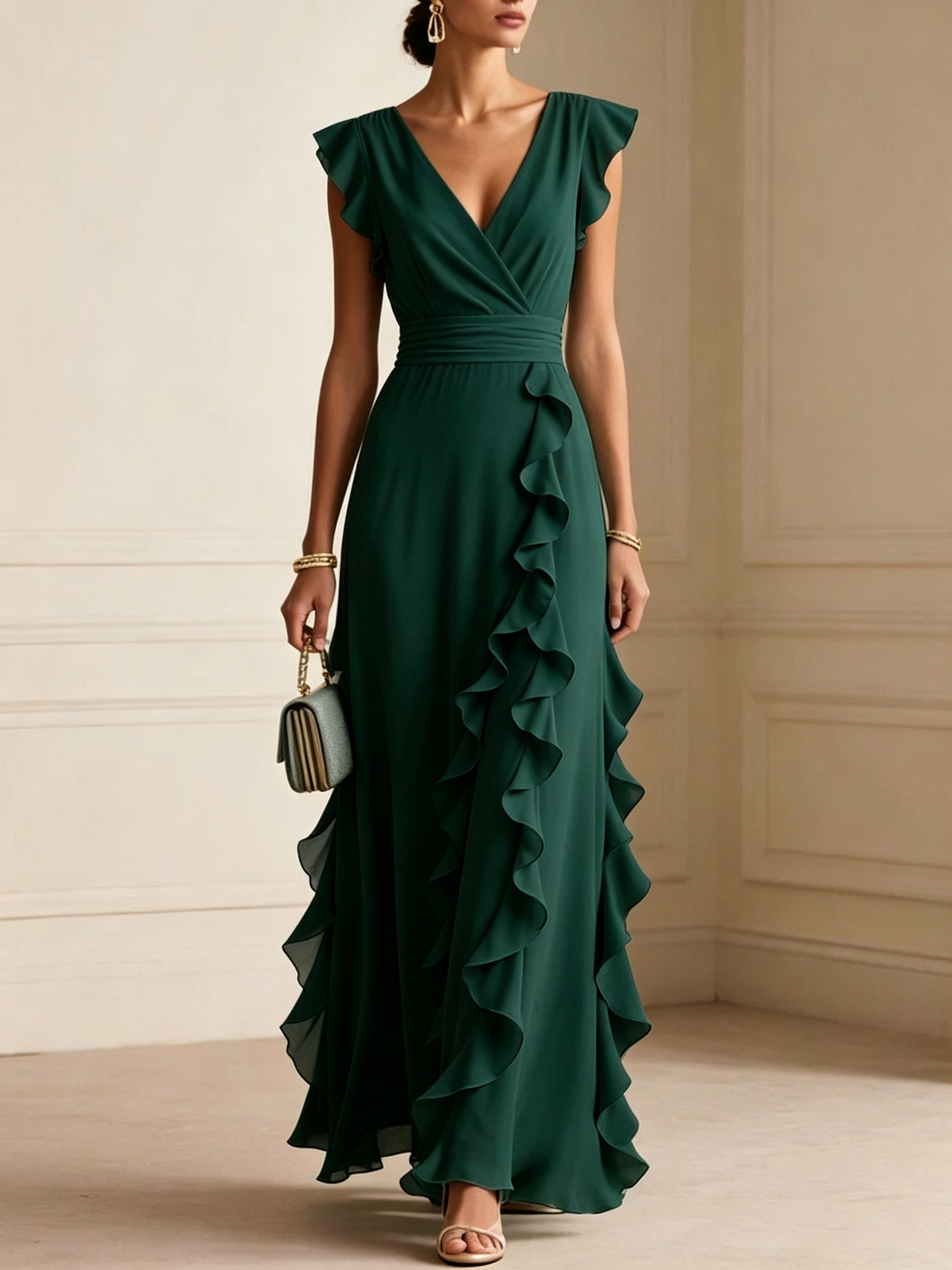 Chiffon Ruffle Maxi Dress - V-Neck Flutter Sleeve Cascading Tiered Wedding Guest Formal Gown