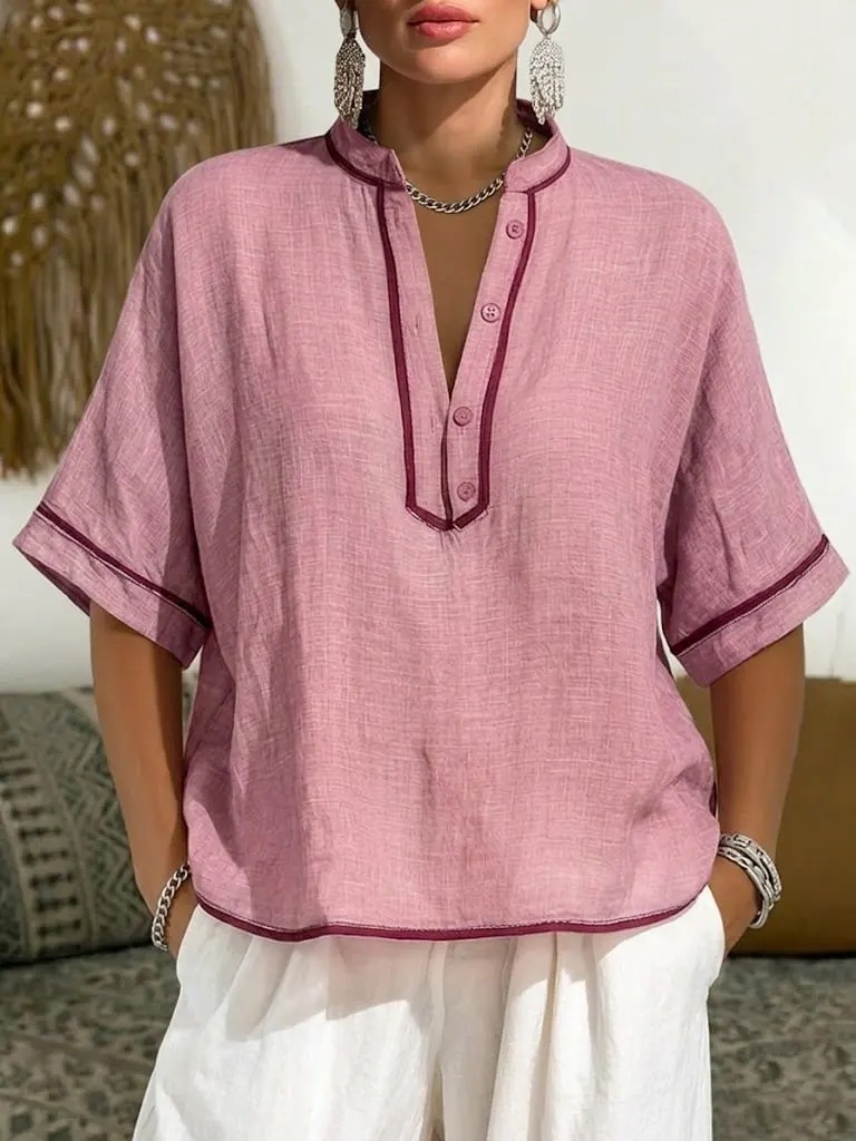 Women's Comfortable Casual Color-Block V-Neck Linen Shirt