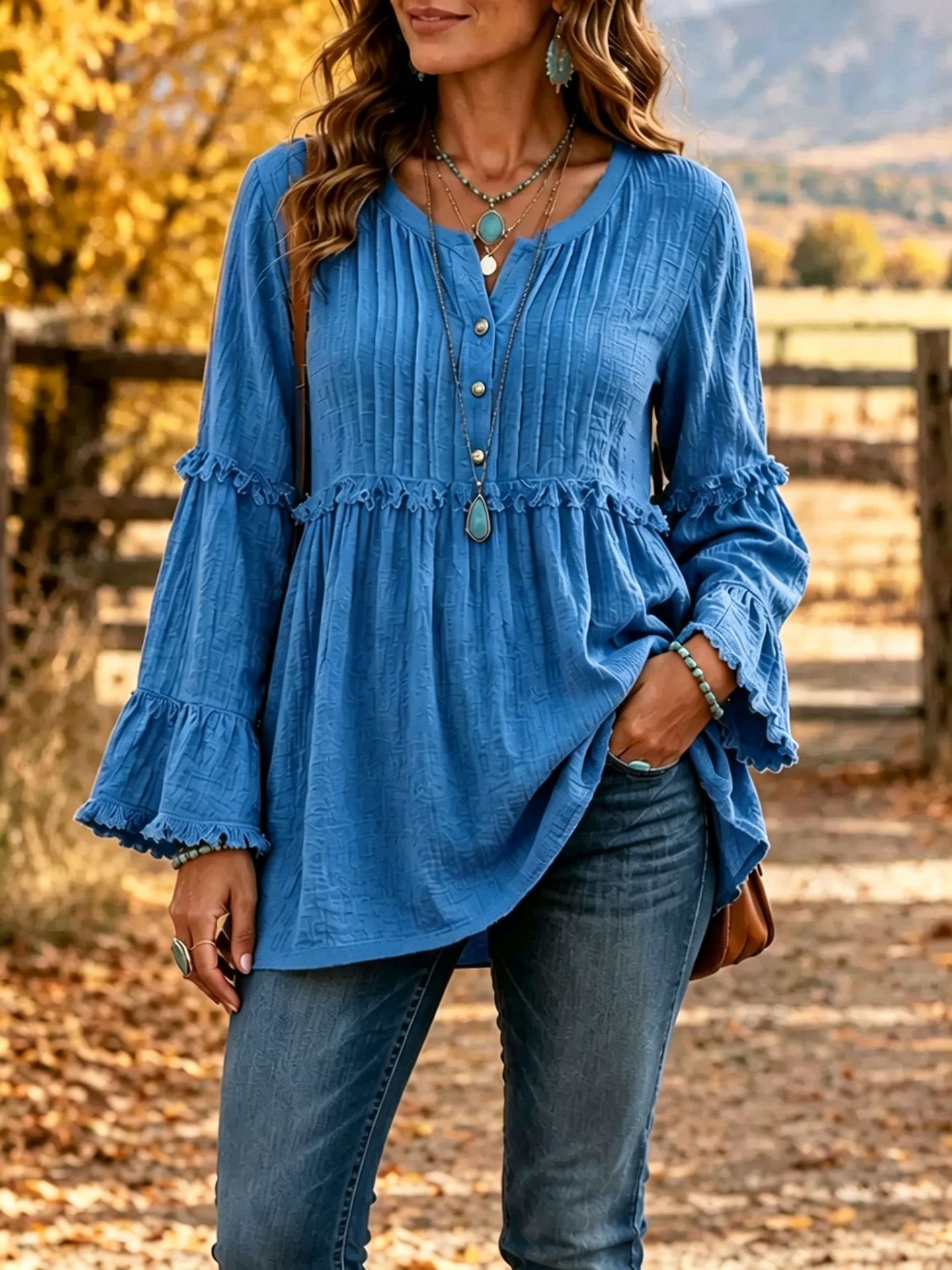 Women’s Boho Textured Ruffle Bell-Sleeve Henley Tunic Top
