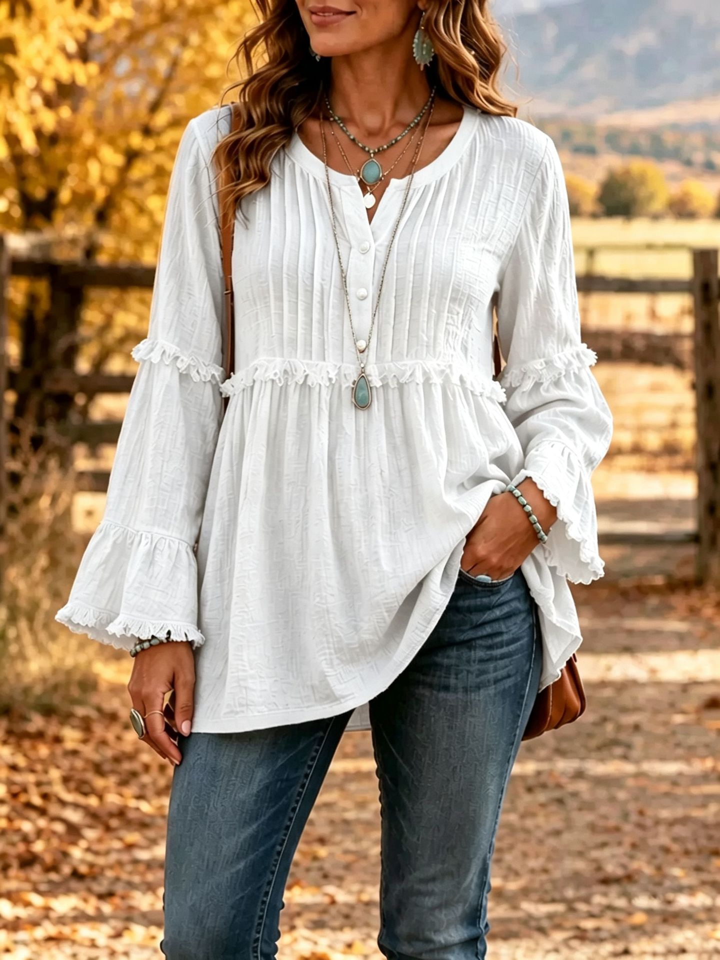 Women’s Boho Textured Ruffle Bell-Sleeve Henley Tunic Top