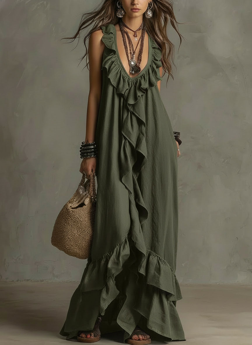Sexy Deep V Neck Ruffle Loose Long Dresses Woman Spring Casual Solid Party Maxi Dress New Summer Sleeveless Vacation Beach Dress