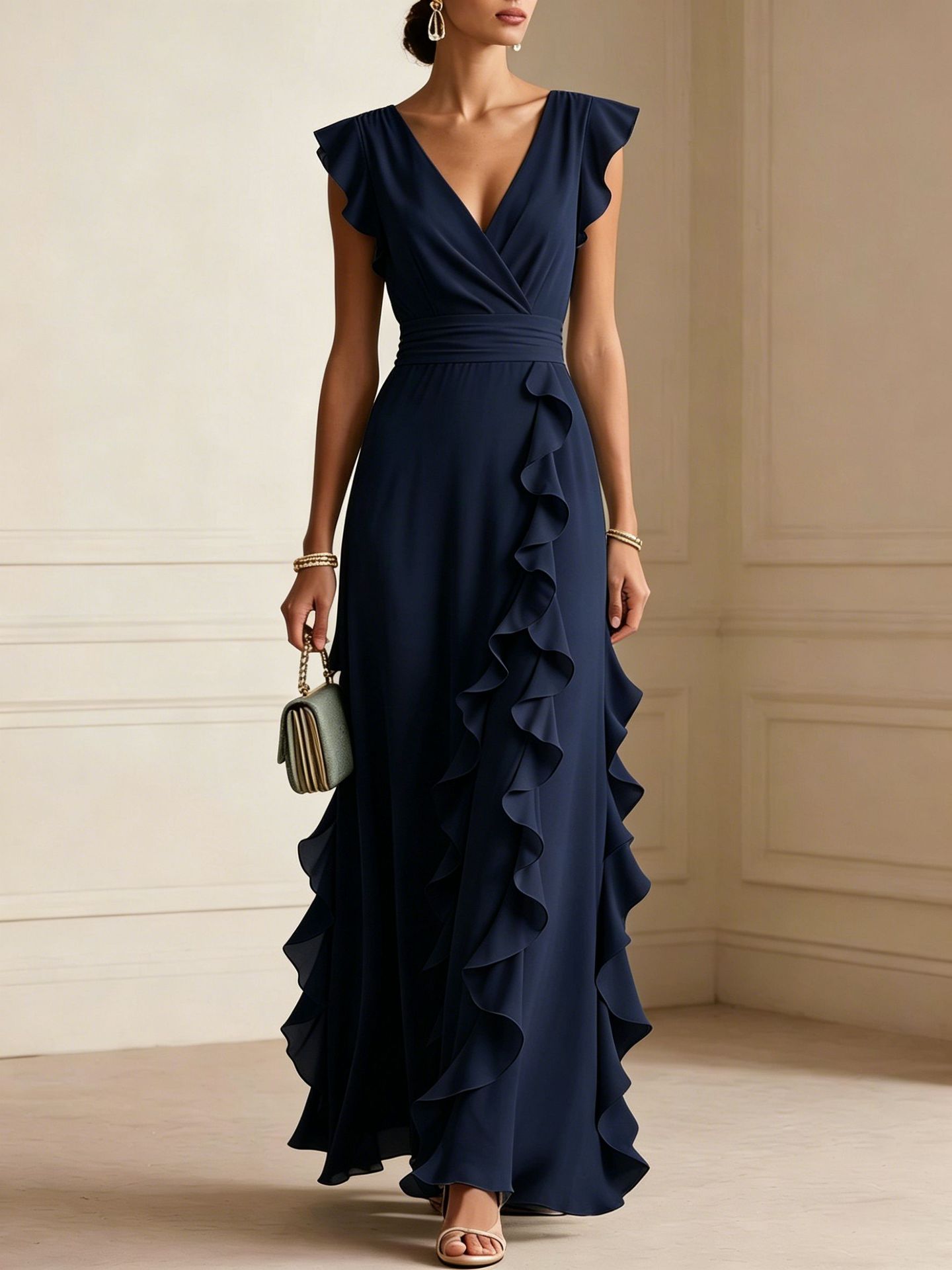 Chiffon Ruffle Maxi Dress - V-Neck Flutter Sleeve Cascading Tiered Wedding Guest Formal Gown
