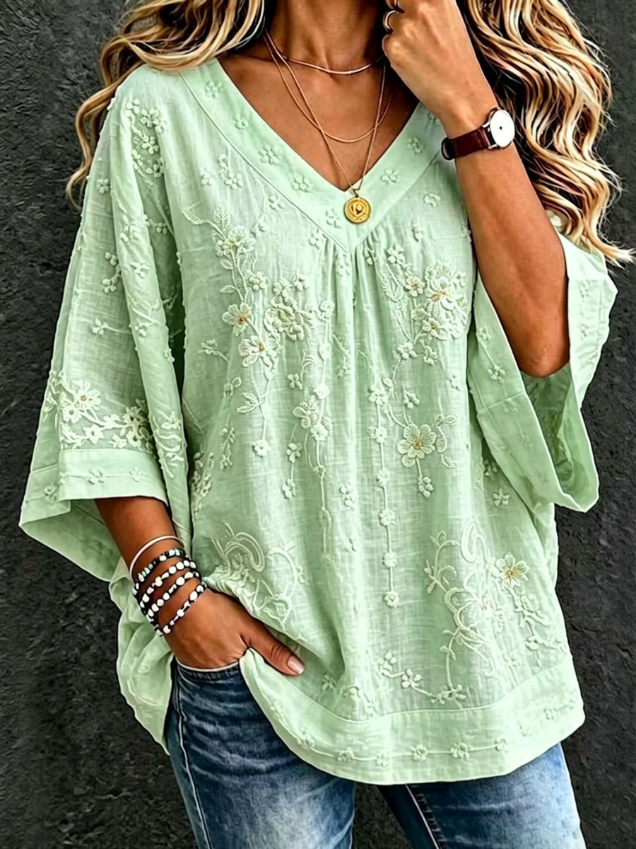 Batwing Sleeve V-Neck Embroidered Blouse