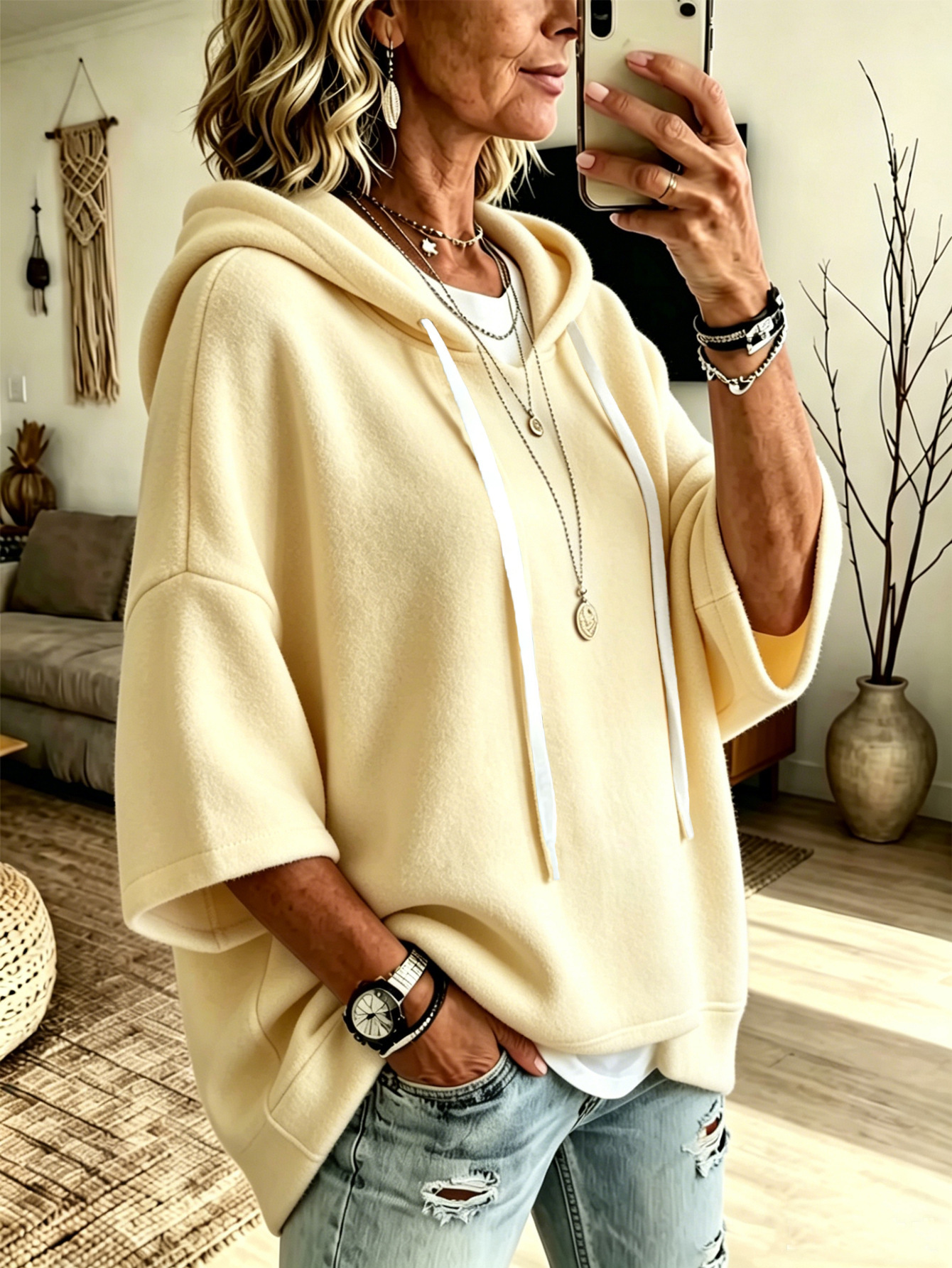 Women’s Casual Relaxed-Fit 3/4 Sleeve Hooded Pullover Top