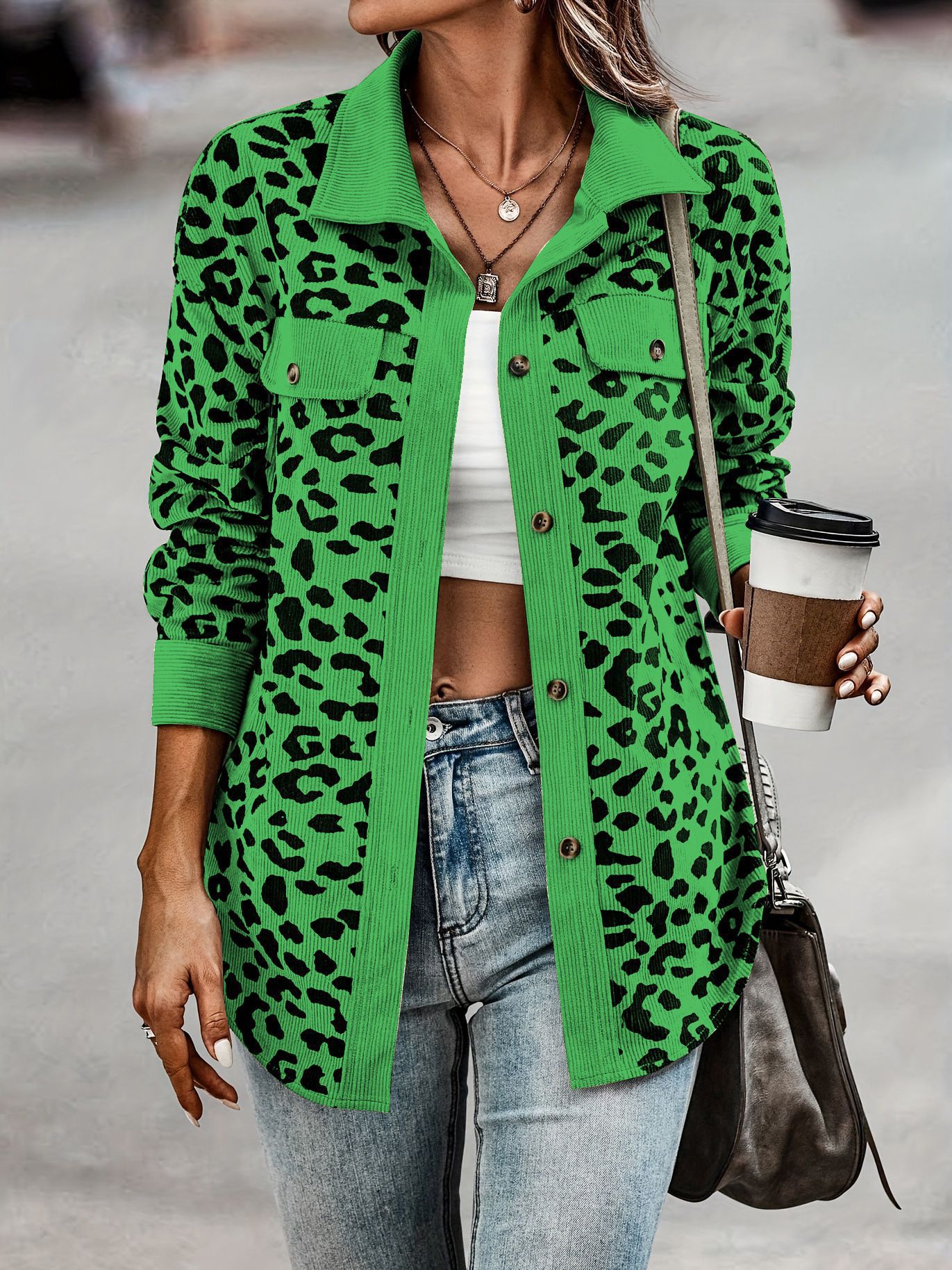Contrast Rib Collar Leopard Print Corduroy Long Sleeve Shirt Jacket