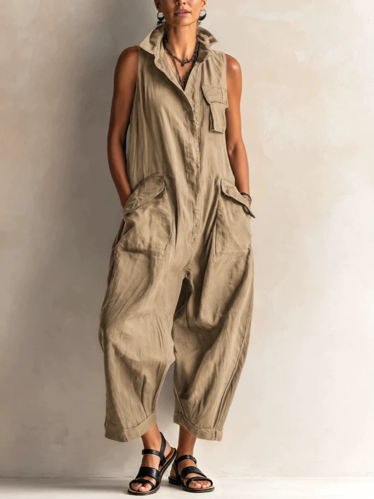 Sleeveless Utility Wide-Leg Jumpsuit With Cargo Pockets