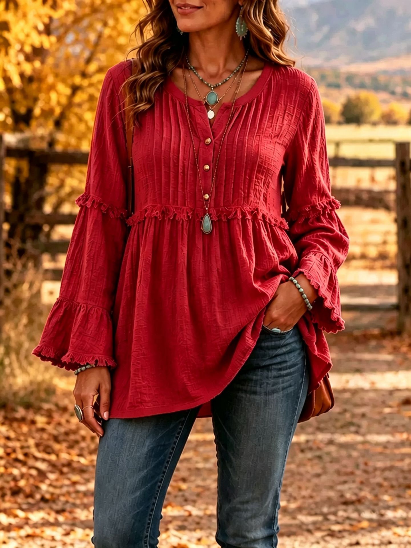 Women’s Boho Textured Ruffle Bell-Sleeve Henley Tunic Top