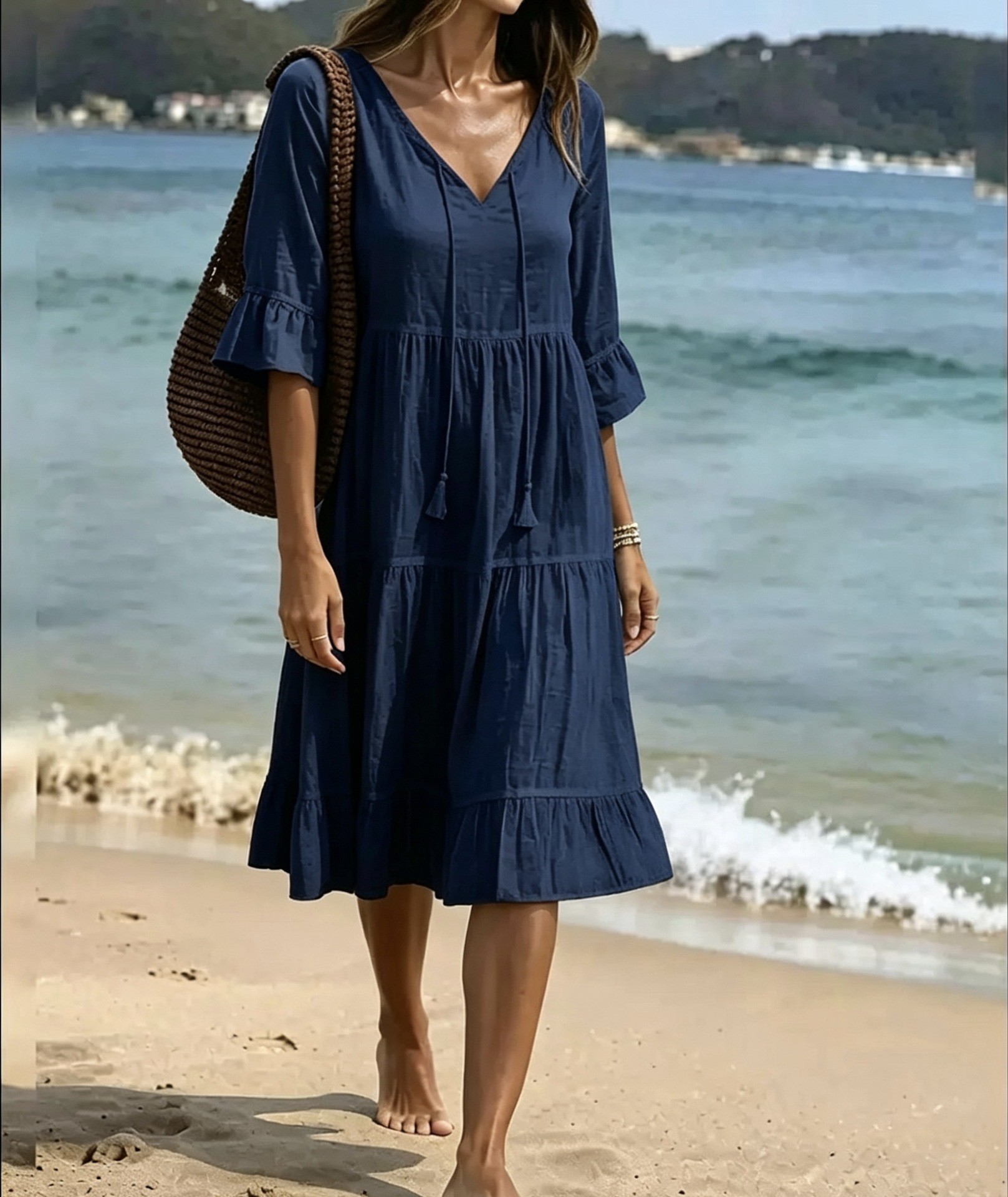 Tie V Neck Ruffle Floral A Line Dress