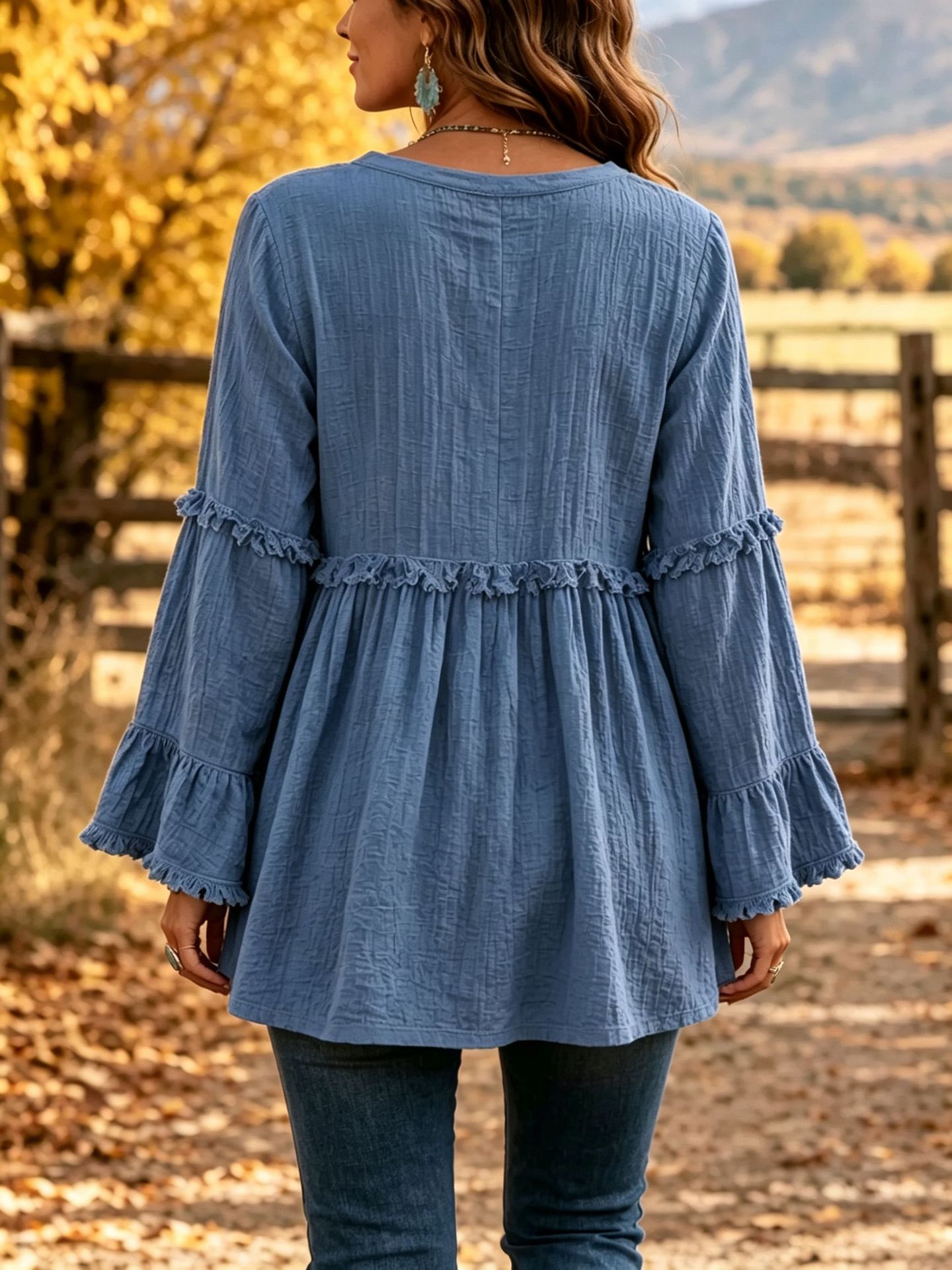 Women’s Boho Textured Ruffle Bell-Sleeve Henley Tunic Top