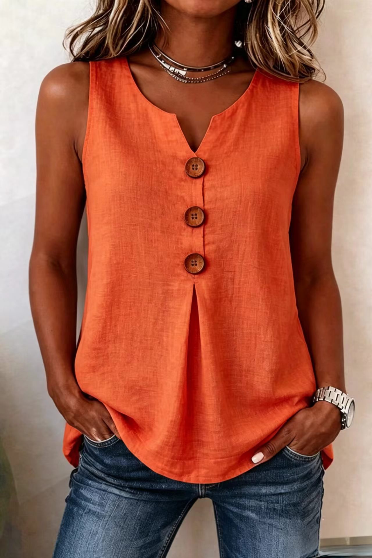 🏆Three-Button Sleeveless Solid Color Tank Top
