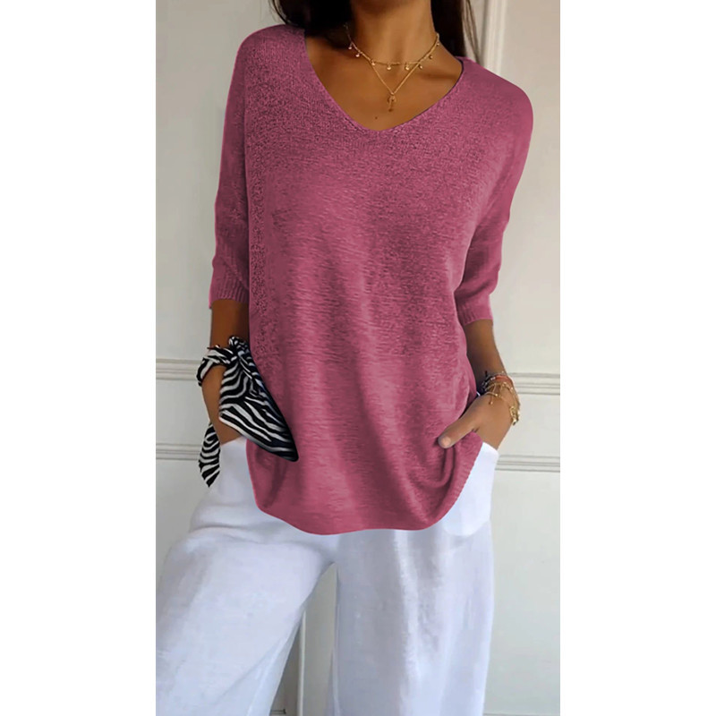 Summer Solid-Color V-Neck Knit Sweater with Three-Quarter Sleeves