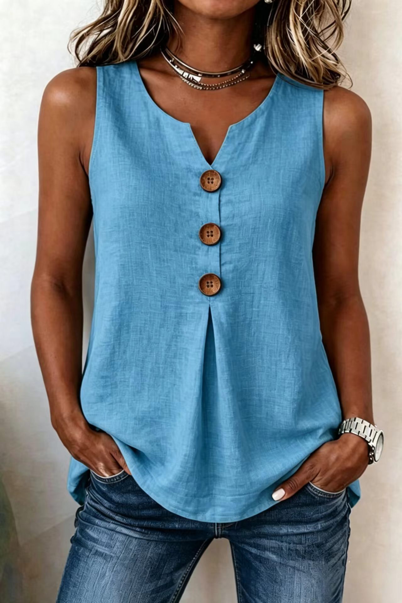 🏆Three-Button Sleeveless Solid Color Tank Top