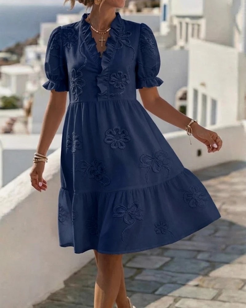 Embroidered Ruffle V-Neck Puff Sleeve Dress