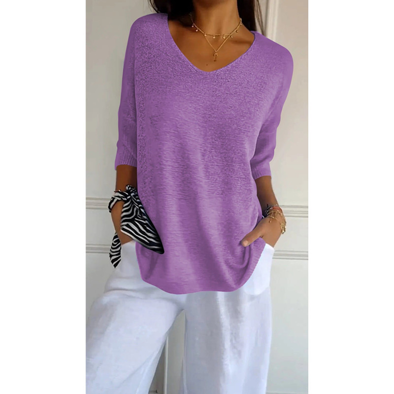 Summer Solid-Color V-Neck Knit Sweater with Three-Quarter Sleeves