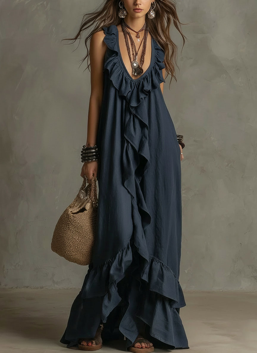 Sexy Deep V Neck Ruffle Loose Long Dresses Woman Spring Casual Solid Party Maxi Dress New Summer Sleeveless Vacation Beach Dress