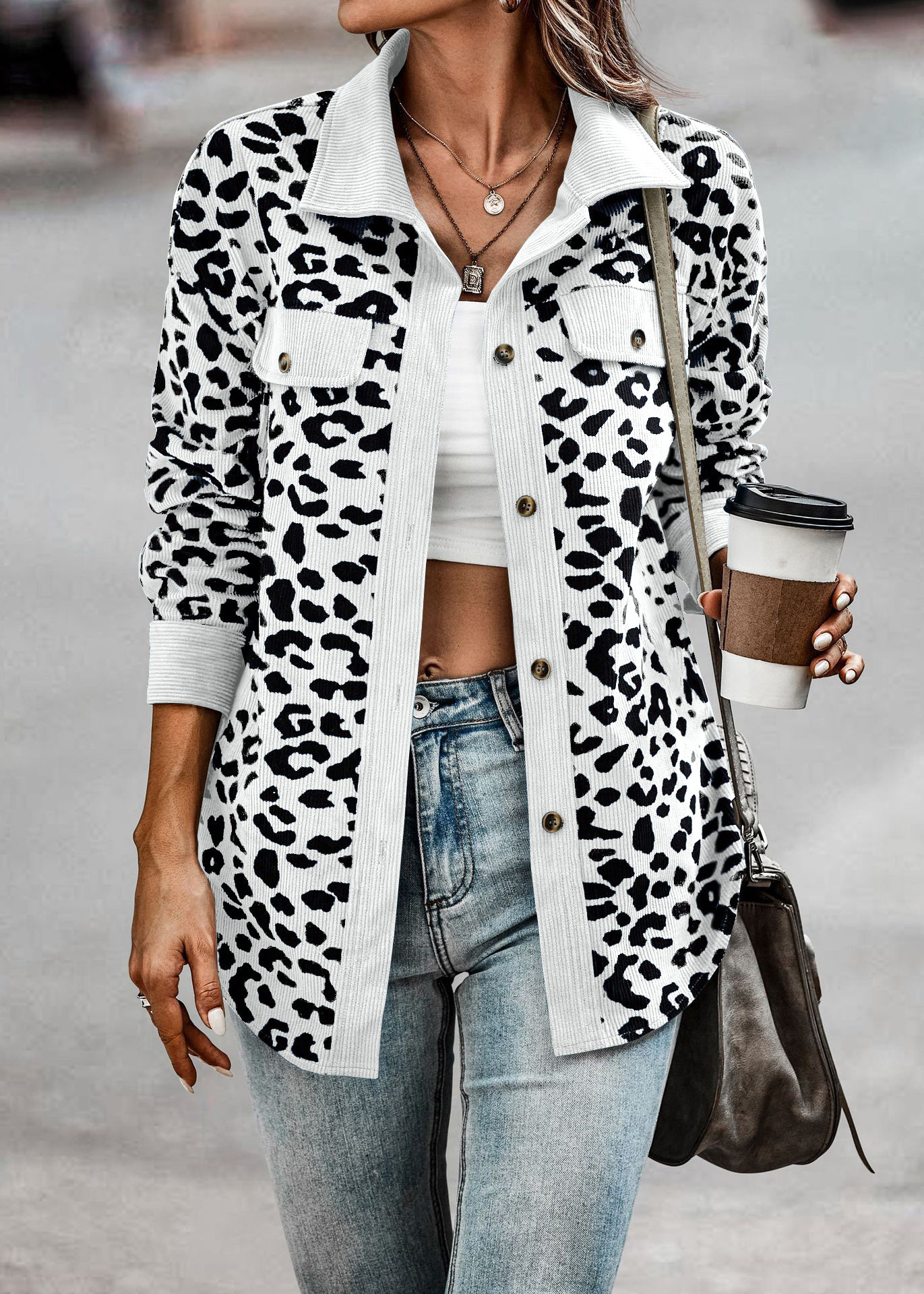 Contrast Rib Collar Leopard Print Corduroy Long Sleeve Shirt Jacket