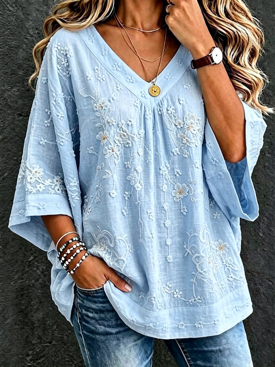 Batwing Sleeve V-Neck Embroidered Blouse