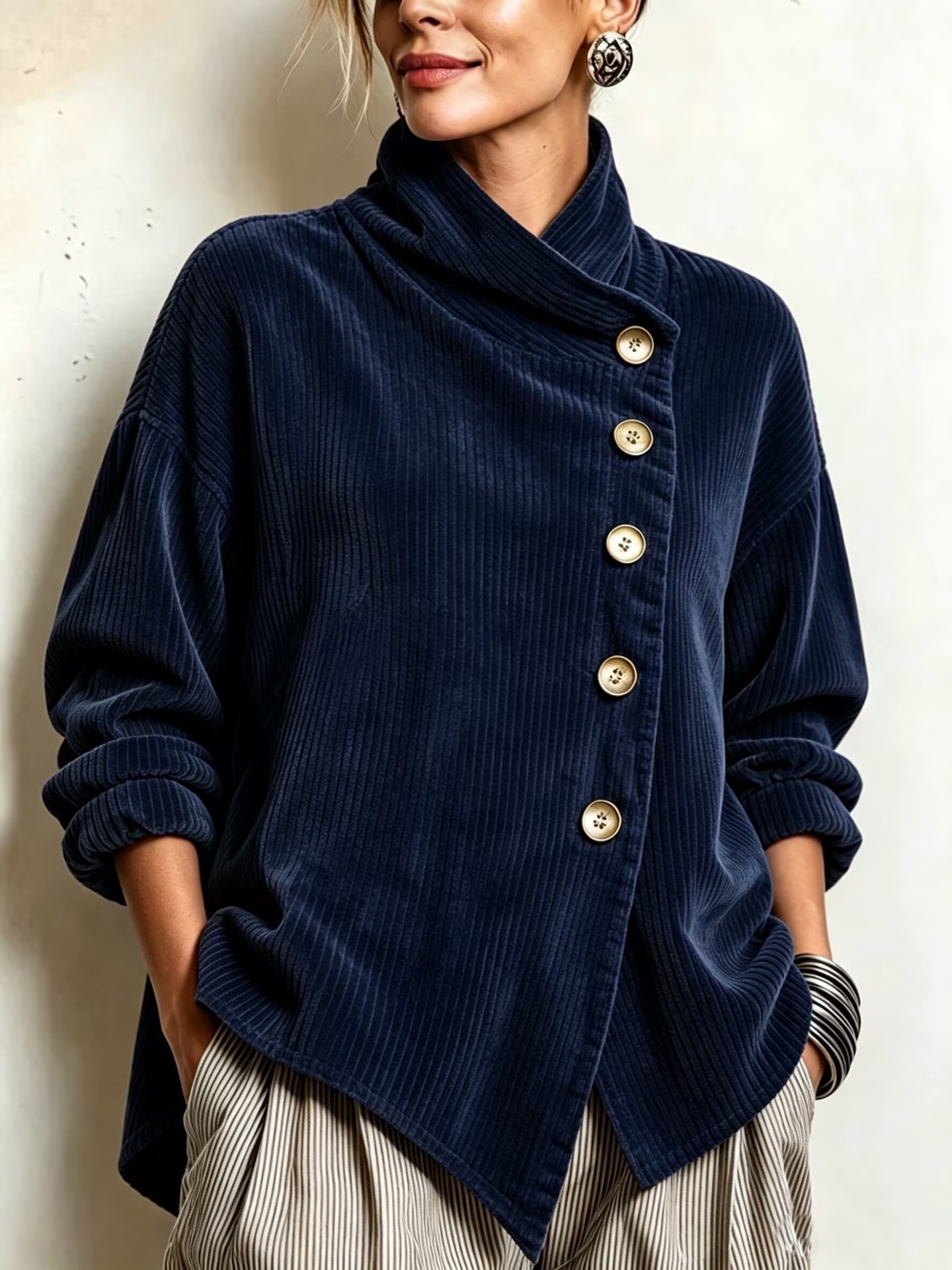 Autumn 2026 New Arrival – Women's Asymmetrical Loose-Fit Dropped-Shoulder Jacket with Diagonal Button Closure