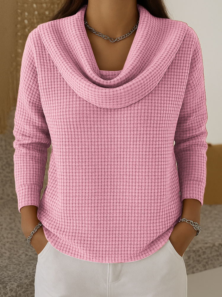 New women's casual and fashionable solid-color waffle-knit pullover top.