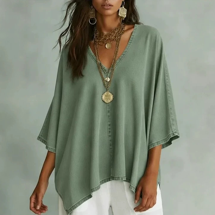 Women’s Relaxed V-Neck Blouse – Loose Fit & Plus-Size Friendly