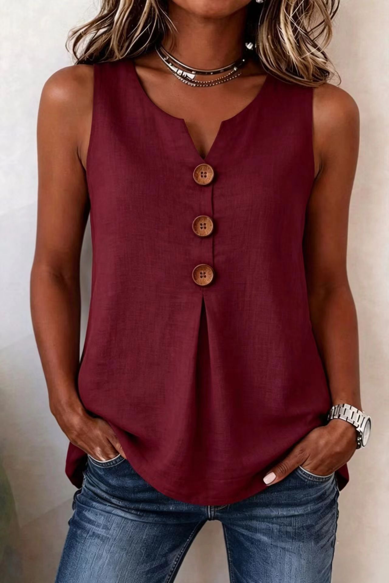 🏆Three-Button Sleeveless Solid Color Tank Top