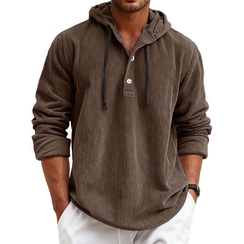 Men's striped pearl cotton half-shirt with hood and button-down design