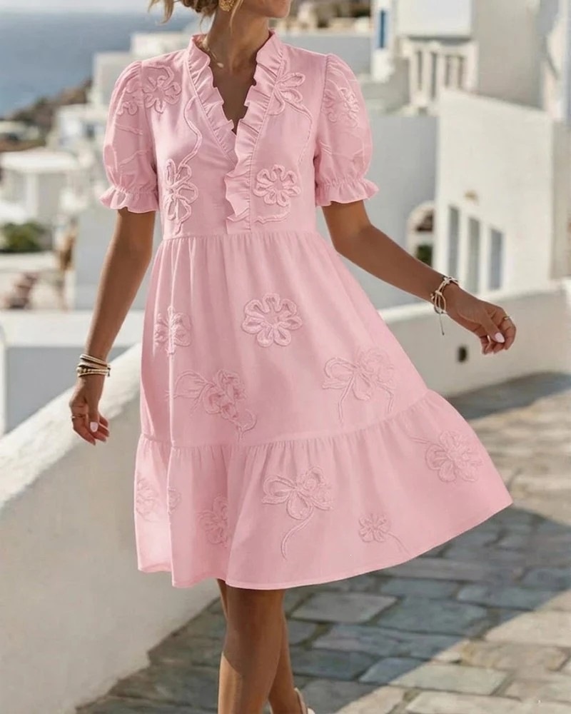 Embroidered Ruffle V-Neck Puff Sleeve Dress
