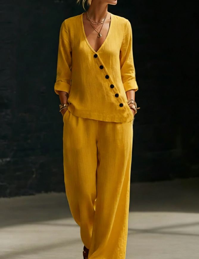 Minimalist V-neck Shirt And Wide-leg Pants Two-piece Set