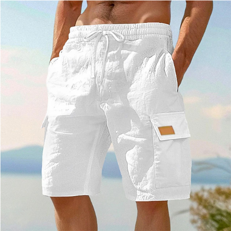 Men Textured Woven Drawstring Elastic Waist Flap Cargo Pocket Casual Beach Shorts