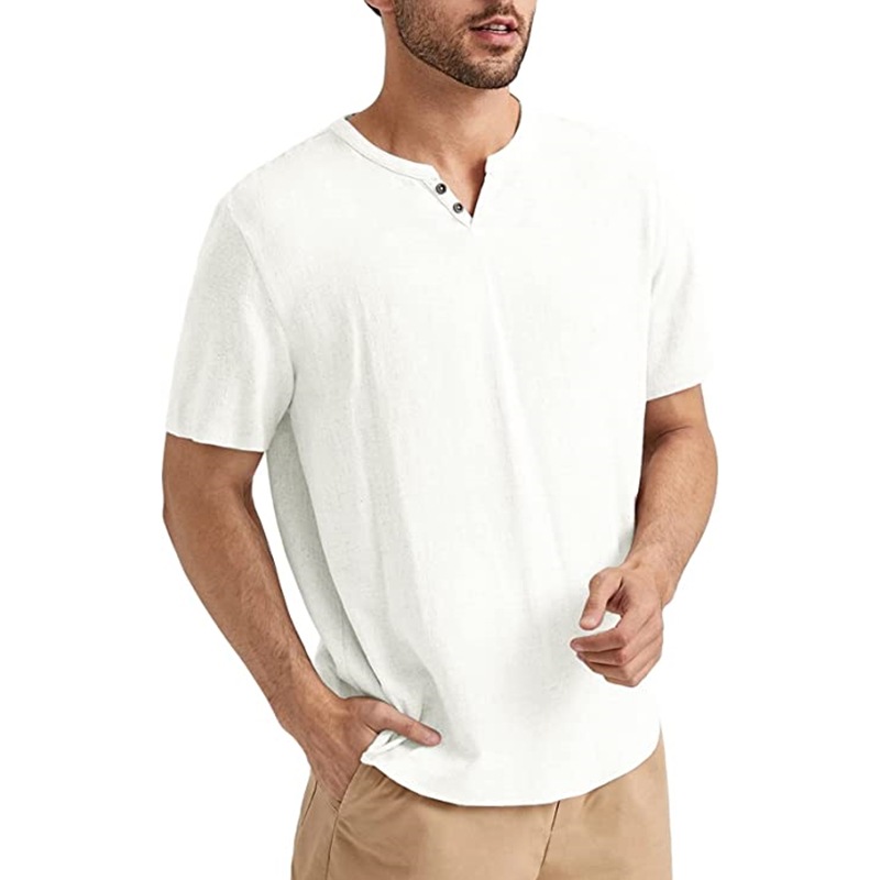Men's summer short-sleeved casual solid color cotton and linen T-shirt tops