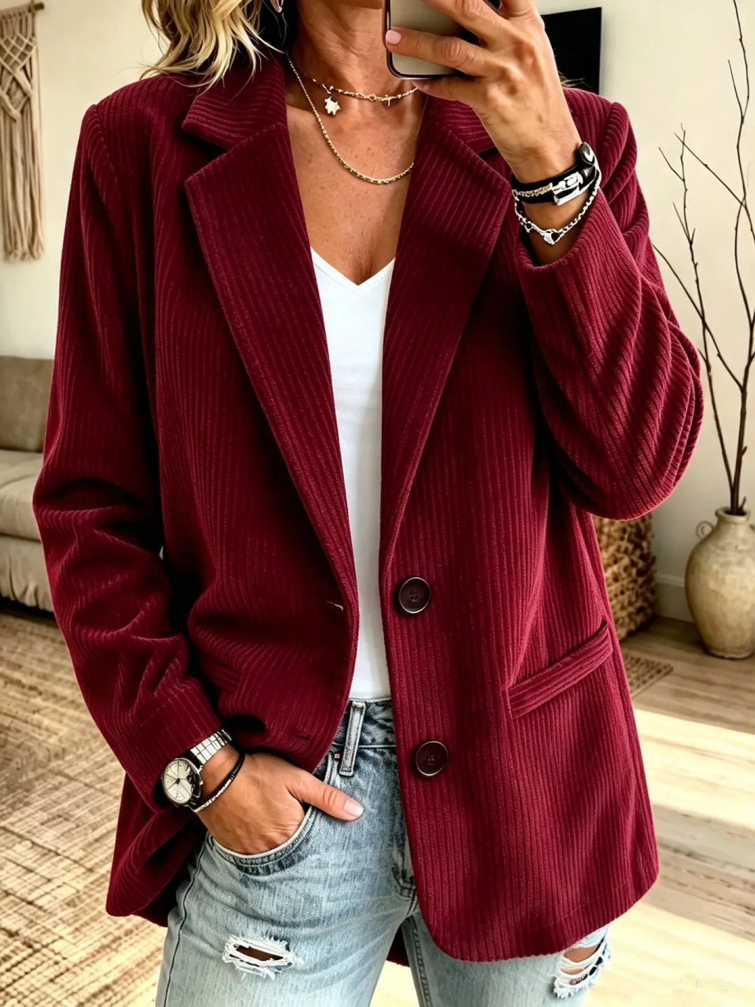 Women’s Burgundy Corduroy Blazer Jacket – Casual Button Front Long Sleeve Blazer with Pockets