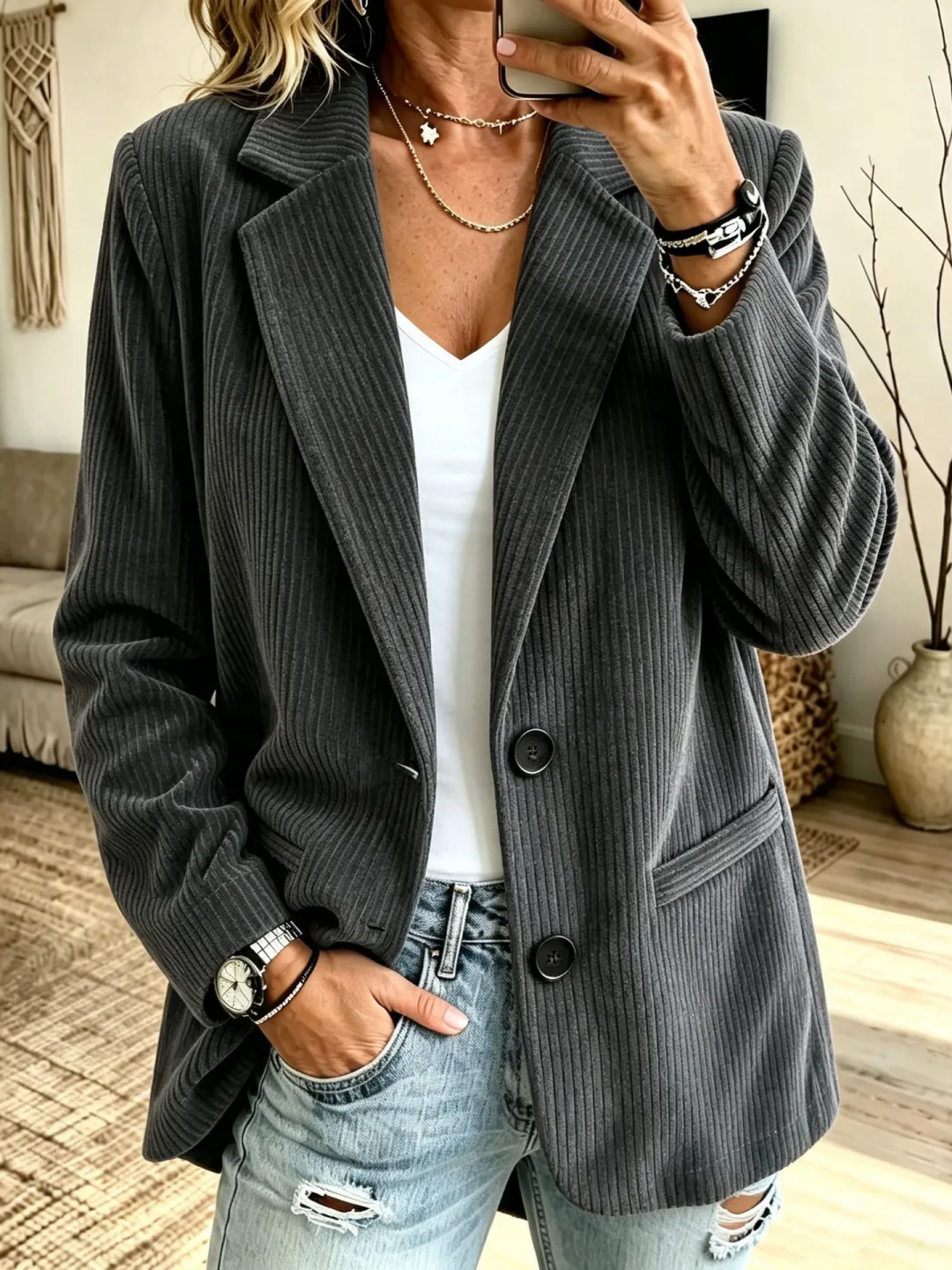Women’s Burgundy Corduroy Blazer Jacket – Casual Button Front Long Sleeve Blazer with Pockets