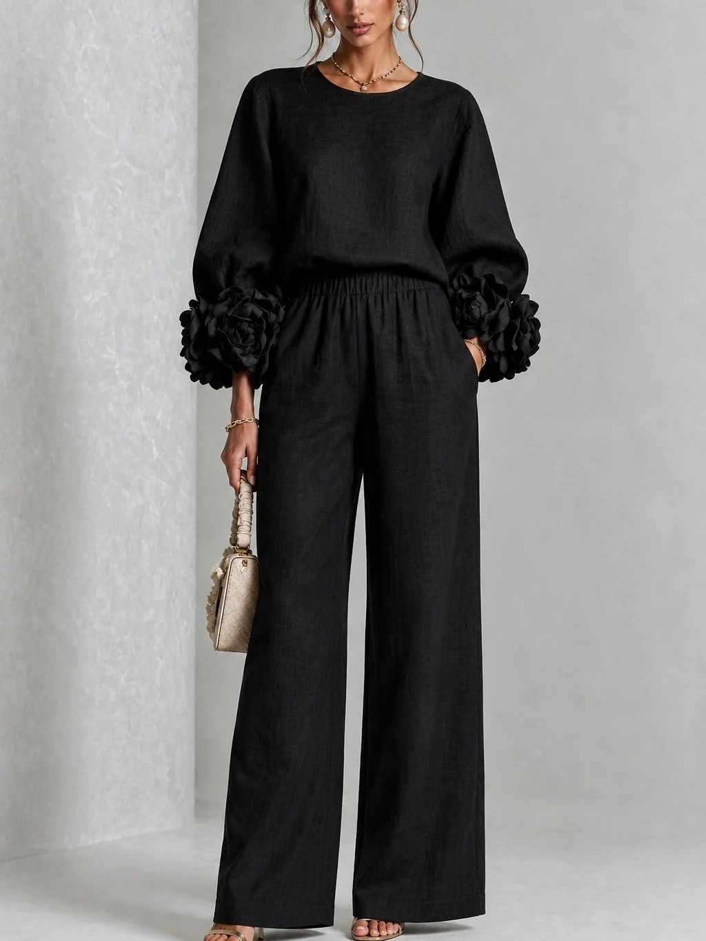 Chic 3D Rosette Sleeve Two-Piece Set