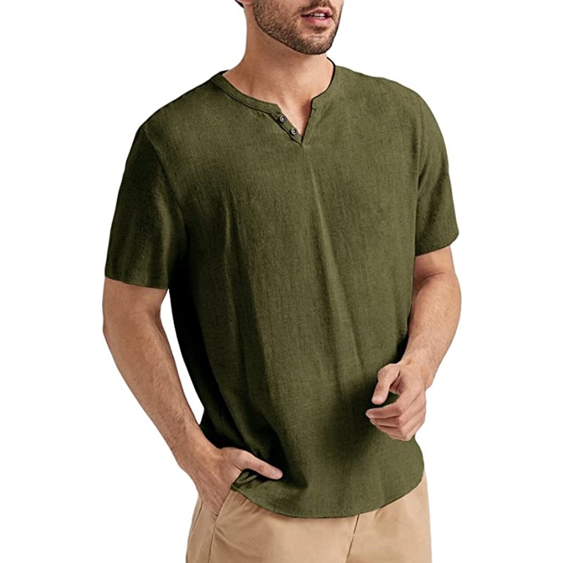 Men's summer short-sleeved casual solid color cotton and linen T-shirt tops