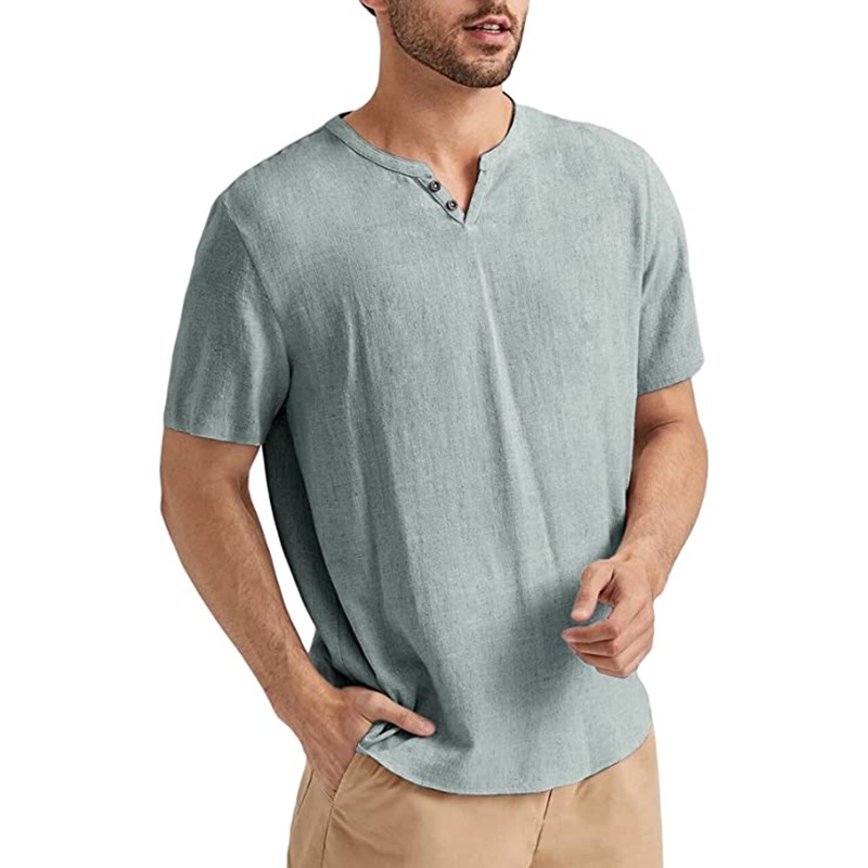 Men's summer short-sleeved casual solid color cotton and linen T-shirt tops