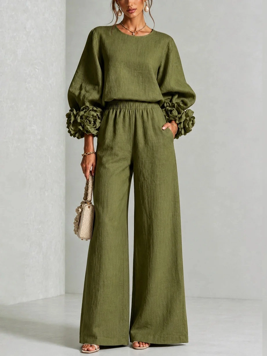 Chic 3D Rosette Sleeve Two-Piece Set