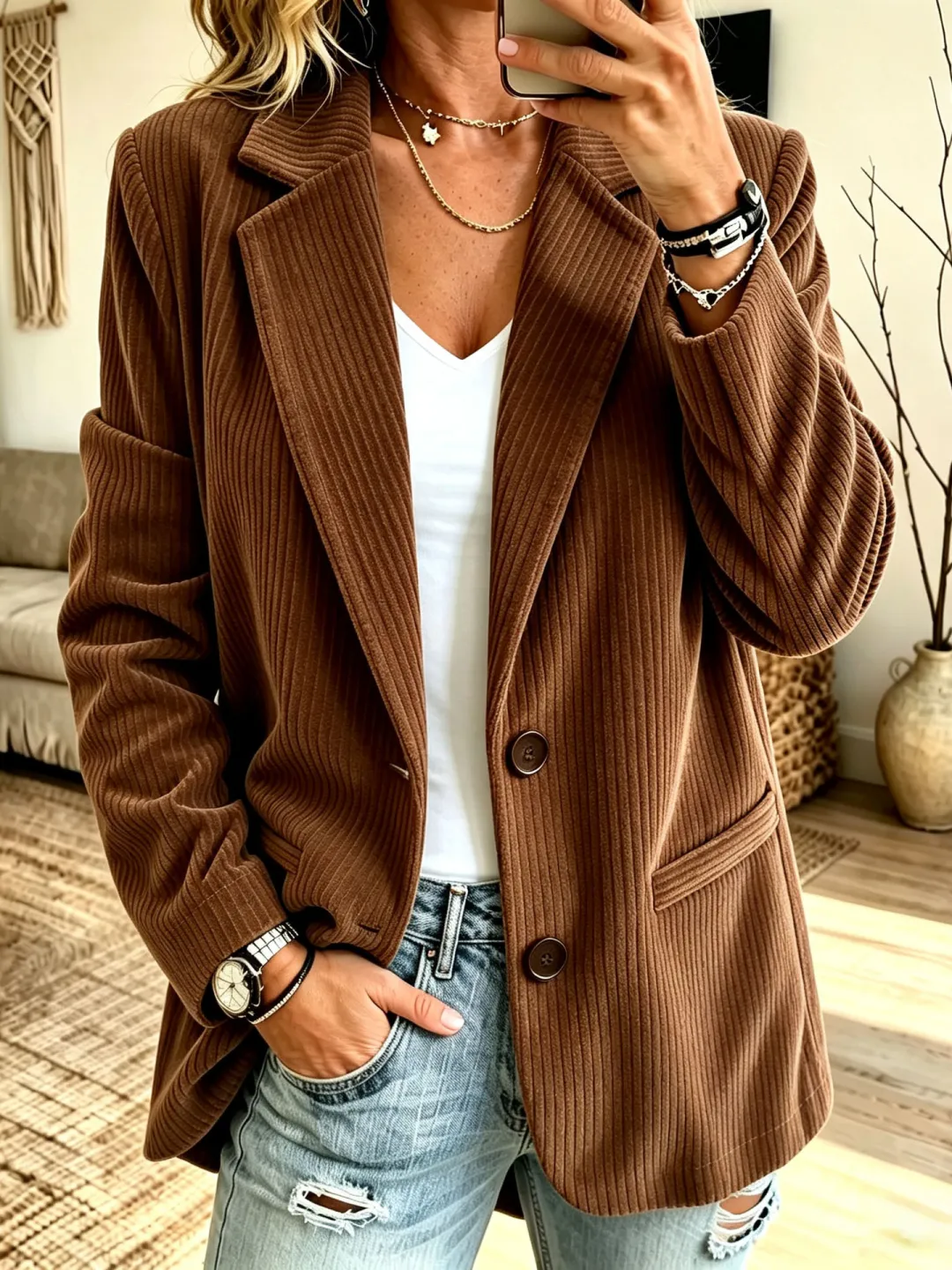 Women’s Burgundy Corduroy Blazer Jacket – Casual Button Front Long Sleeve Blazer with Pockets
